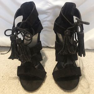 Black suede lace up block heel